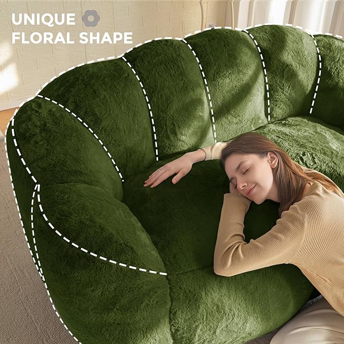 MAXYOYO Bean Bag Chair for Adults Loveseat Floral Shaped Bean Bag Sofa Ultra Soft Love Seat Mini Sofa Couch Faux Fur Reading Chair for Living Room Bedroom Green