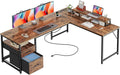 PRAISUN 63 Inch L Shaped Desk with Power Outlets and USB-C Port Computer Corner Home Office Desk with File Fabric Drawers and Movable Monitor Stand Larger Storage Gaming Writing Rustic Brown