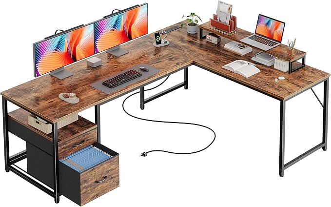 PRAISUN 63 Inch L Shaped Desk with Power Outlets and USB-C Port Computer Corner Home Office Desk with File Fabric Drawers and Movable Monitor Stand Larger Storage Gaming Writing Rustic Brown