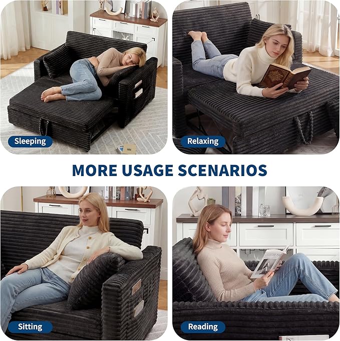 Loveseat Sleeper Sofa Bed 55'' Pull Out Couch with Adjustable Backrest Charging Station and Side Pockets Corduroy Couches for Living Room Bedroom and Apartment Dark Grey