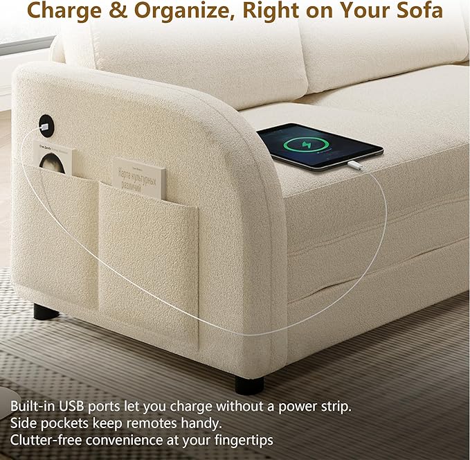 GNIXUU 115.2 L Shaped Couch with Pull Out Bed Convertible Sectional Sleeper Sofa with USB Port &amp Side Pockets 6 Seat Oversized Modular Teddy Cloud Couches for Living Room Apartment Beige