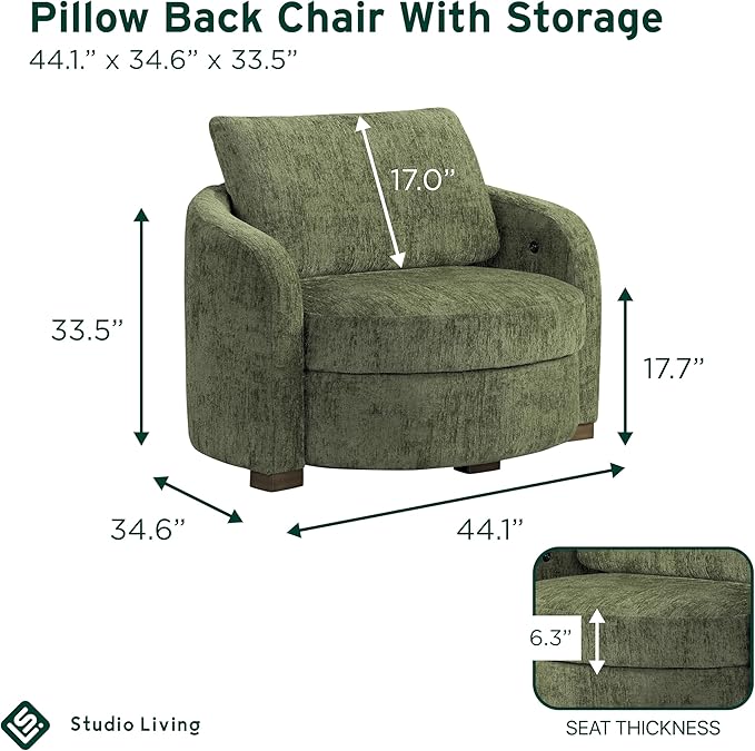 Studio Living® Manchester 44.1 Storage Chair Modern Farmhouse Pocket Coil Comfort USB A &amp C Power Easy Assembly Chenille Fabric Olive
