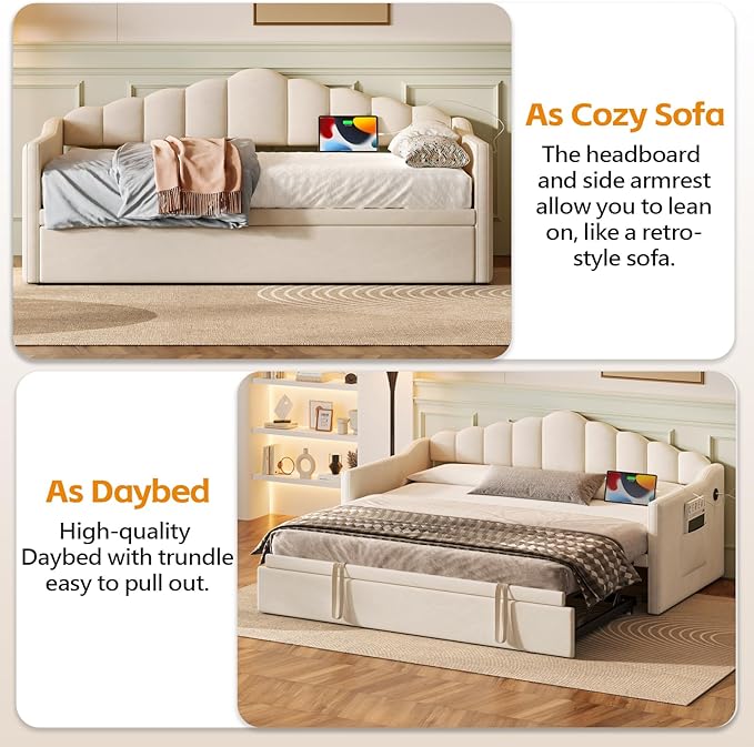 Bellemave Upholstered Twin Daybed with Pop Up Trundle USB &amp Type-C Charging Ports 2 Side Pockets No Box Spring Needed Velvet Modern Day Bed Frame (Beige)