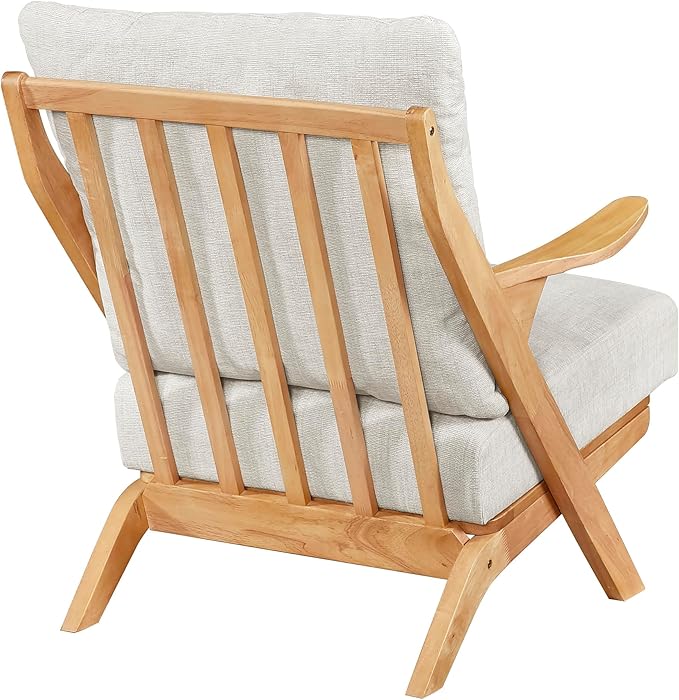 Lexicon Mid Century Modern Accent Chair Natural Finish Solid Rubberwood Frame Reversible Back Cushion Woven Chenille Upholstered Reading Chair for Living Room/Bedroom/Office Beige