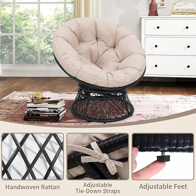 40 Ergonomic Wicker Papasan Chair 360° Swivel Indoor Outdoor Rattan Chair with Soft Thick Cushion Ideal for Living Room Bedroom Reading Room Black Frame with Beige Cushion