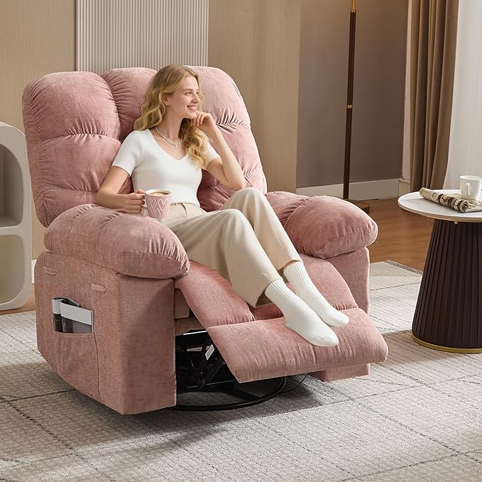 GarveeHome Rocker Recliner Chair with Vibration Massage and Heat 360° Swivel Recliner Sofa with Side Pocket Single Reclining Chair for Living Room and Bedroom Pink