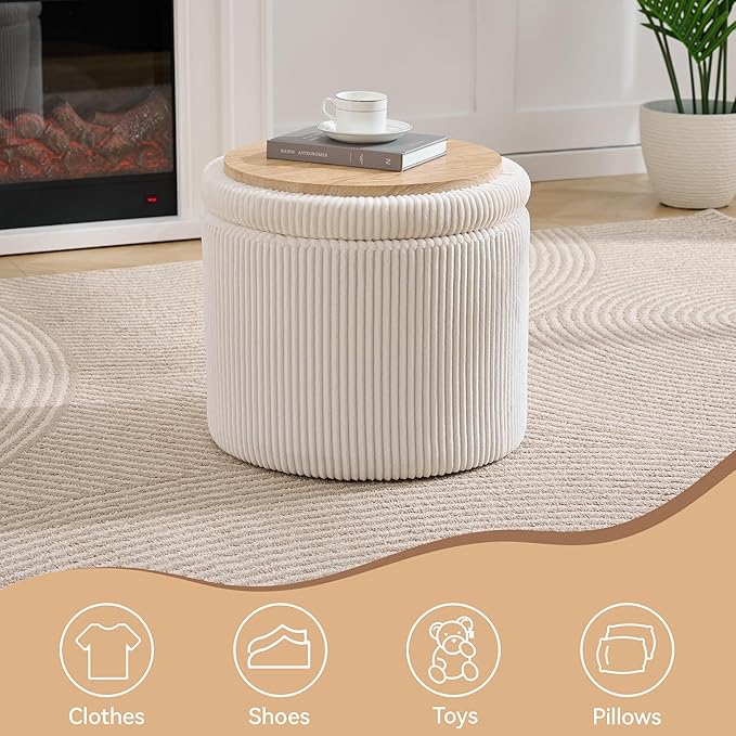 Corduroy Storage Ottoman with Flip-Top Tray Modern Upholstered Ottoman Coffee Table Dual Leg Options Ottoman Footrest for Living Room Bedroom Office White