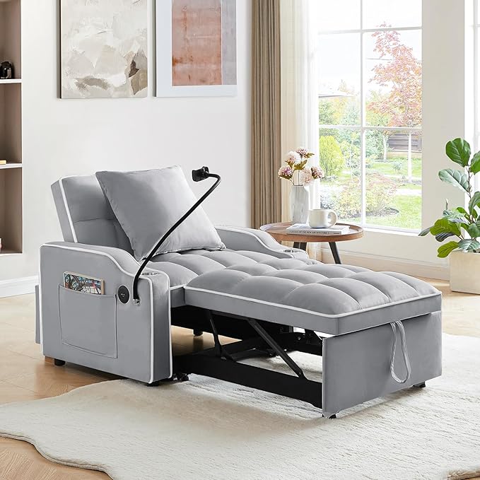 KINFFICT Sleeper Sofa Chair Bed Convertible 3-in-1 Armchair Adjustable Sleeper Chair with Pullout Bed Single Lounger Futon with Side Pockets for Living Room (Grey)