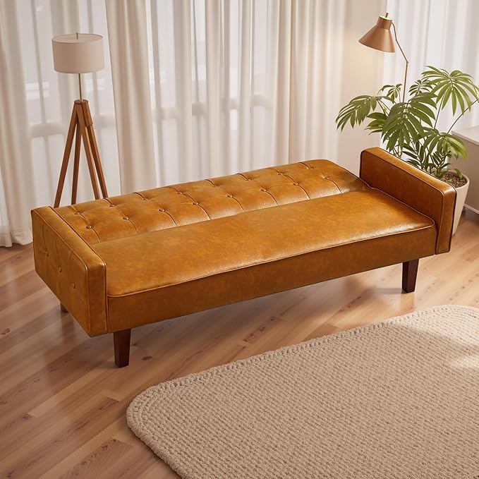 74 Modern Futon Couch Futon Sofa Bed Mid Century Sofa Bed Loveseat Couches for Small Spaces Living Room Bedroom (Faux Leather Light Brown)