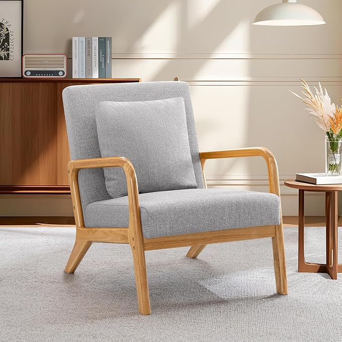 ELUCHANG Mid-Century Modern Accent Chair with Lumbar PillowUpholstered ArmchairLinen Fabric Comfy Reading Chair Lounge Side Chair for Living Room Bedroom ApartmentEasy Assembly(Grey2pcs)