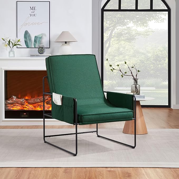 Modern Accent Chair with Removable Cushion &amp Wood Armrests - Ergonomic Vanity Chair for Living Room Bedroom Balcony 396lbs Capacity Corduroy Fabric Comfy Chair with Easy Assembly (Green)