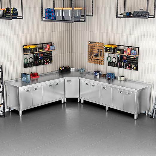 WWK 59 x 21 Stainless Steel Prep Table with Cabinet Commercial Kitchen Table for Prep &amp Work Heavy Duty Work Table with 4 Doors for Kitchen Restaurant Hotel Garage and Cafe