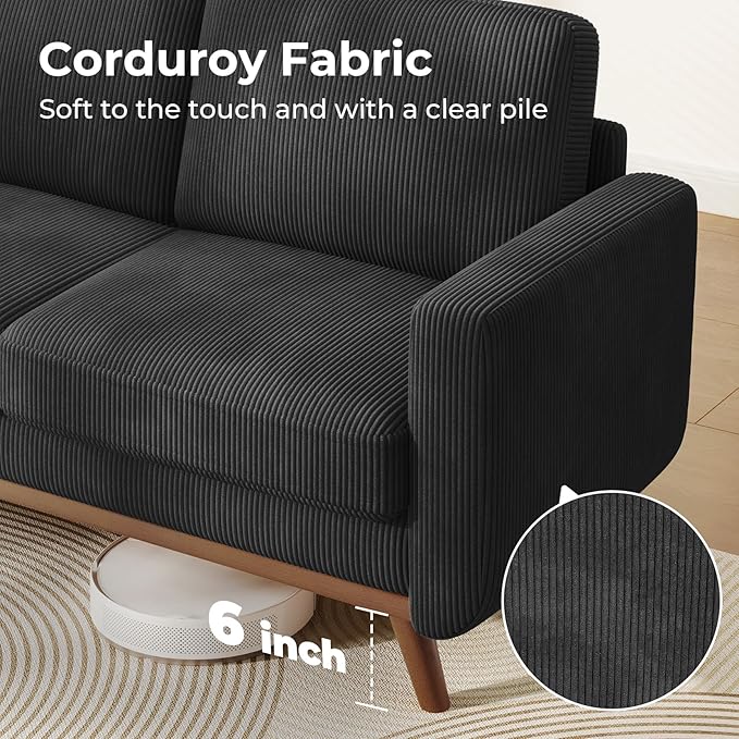 Vesgantti 68 Loveseat Sofa Black Comfy Corduroy Couch with Spring Cushion and Solid Wood Modern Extra Deep Seat for Bedroom Living Room Office