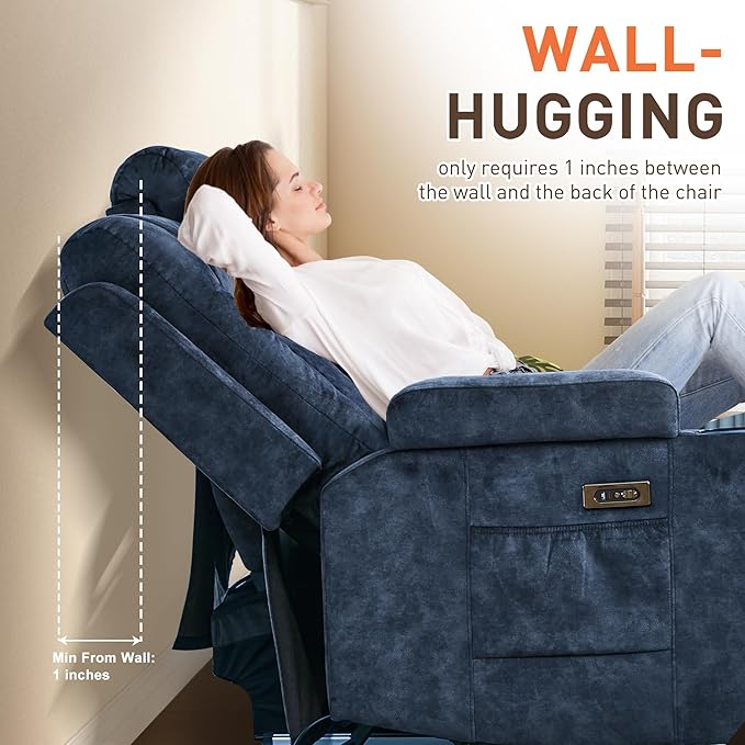 Houjud Power Reclining Loveseat Recliner Sofa with Console Wall-Hugger RV Couch with USB Ports Cup Holders Bluetooth Speakers &amp Ambient Lighting for Home Theater or Camper Velvet Blue