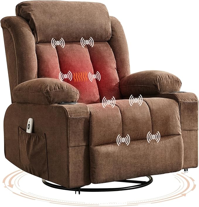 Oversized Swivel Rocker Recliner Chair with Heat &amp Massage 3-Position Adjustable Nursery Recliner for Adults Dual Cup Holders Side Pockets USB Charging Ports Brown