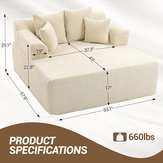 58 Inch Chaise Lounge Chair Indoor Corduroy Boneless Sofa Bed Deep Seat Sleeper Couch Reading Chairs Upholstered Comfy Cloud Sofas Couches for Living Room No Assembly Required Beige