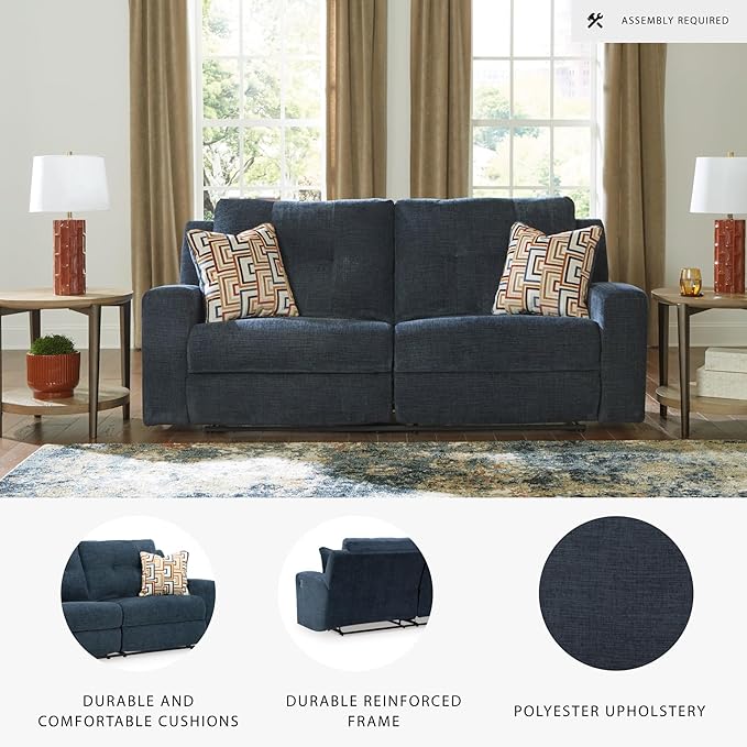Signature Design by Ashley Danum Modern Manual Pull Tab Reclining Sofa with Tufed Back Cushion Blue