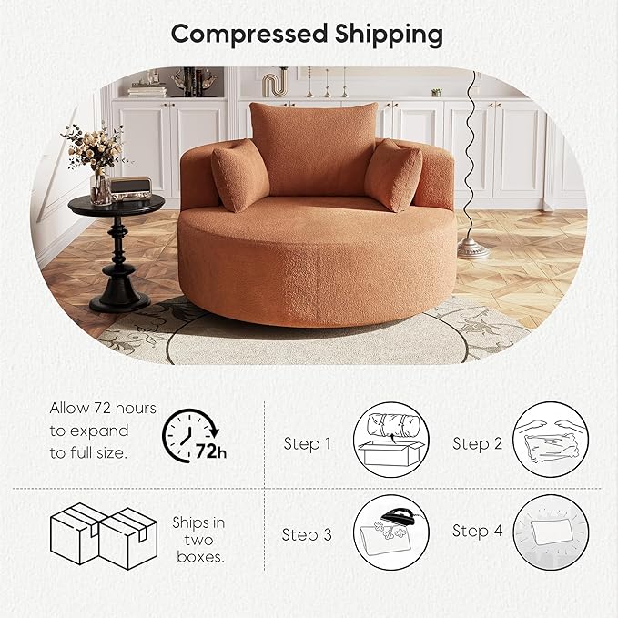 Oversized 360° Swivel Barrel Chair for Living Room Modern Comfy 56.3'' Round Boucle Reading Accent Chair with Extra Wide &amp Deep Seat Overstuffed Cushions Easy Assembly Sienna Red