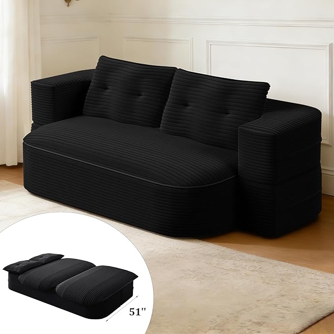 2 in 1 Convertible Compressed Sofa Bed 51.2'' Modern Boneless Loveseat Sleeper in a Box Floor Mattress Futon Couch No Assembly Needed Space Saving Black 2 Pillows &amp Blanket Full for Home