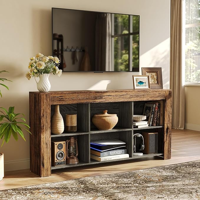 LITTLE TREE TV Stand with Storage 63-Inch Entertainment Center with Shelves Modern Media Console for Television up to 65 for Living Room Bedroom Brown + Black