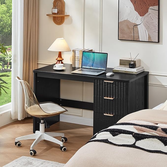LEYAOYAO Office Desk 48 with 3 Drawers Storage File Cabinet Wood Fluted Desk for Computer Office Bedroom Home Furniture Black