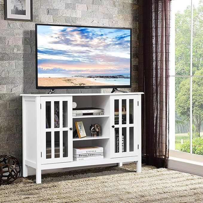 Tangkula White TV Stand Modern Tall Entertainment Center for TVs up to 50 Media Console w/2 Storage Cabinets &amp 3 Open Shelves Wire Hole Wood TV Console Table for Living Room White