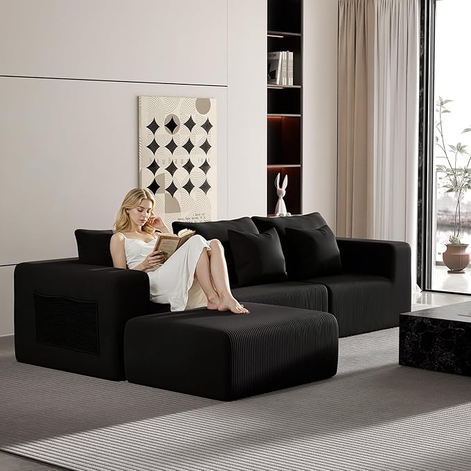 Modern Cloud Sectional Couches for Living Room Convertible L-Shape Boneless Couches with Ottoman 3 Seater Corduroy Modular Sectional Sofa with Pockets No Assembly (Black) | Sectional Couches L-Shap