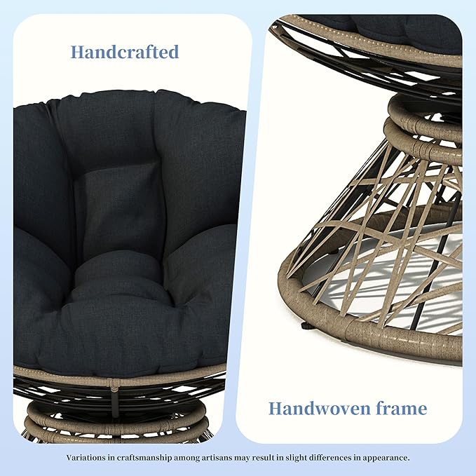 Oversized Papasan Chair with Adujusble Base Boho Reading Nook Chair with Thick Cushion for Adults Bedroom Living Room 360 Swivel (Black+Brown 40)