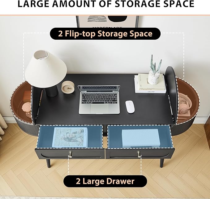 Practical 59 Wood Writing Desk Home Office Laptop Desk with 2 Flip Hide Storage + 2 Drawer MCM Elegant Fluted Multifunctional Study Desk for Apartment Bedroom (Black)