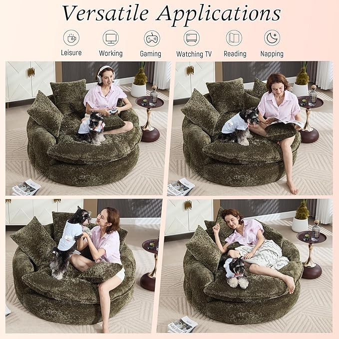 54 Oversized Round Chair Couch Lounge Chaise Indoor Comfy Boneless Sofa for Living Room Cloud Large Circle Couch Chair with 5 Pillows Fluffy Modern Sleeper Sofa Bed for Reading (Olive Green)