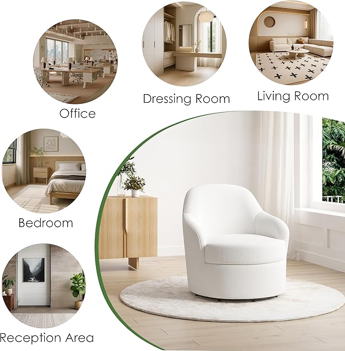 Swivel Accent Chairs Set of 2 Round Barrel Chairs with Washable Detachable Cover Living Room Chairs with Solid Mental Base Upholstered Accent Chairs for Living Room Bedroom Teddy (White)