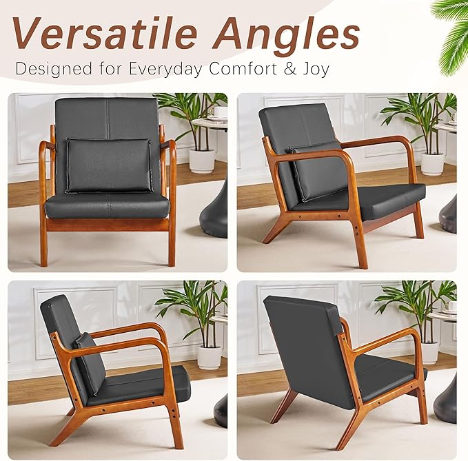 VECELO Mid-Century Modern Accent Chair with Faux Leather Cushion &amp Solid Wood Frame Lounge Armchair for Living Room Bedroom Office Black
