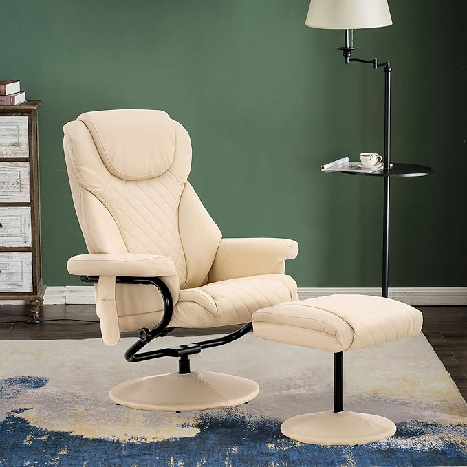 MCombo Recliner with Ottoman Reclining Chair with Massage 360 Swivel Living Room Chair Faux Leather 4901 (Cream White)
