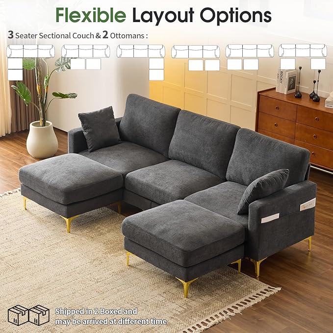 VINGLI 100 W U Shaped Couch with Ottoman 22 Deep Seat Comfortable Sectional Couches for Living Room 3 Seater Chenille Fabric Cloud Sofa for Apartment Small Spaces Bedroom Grey