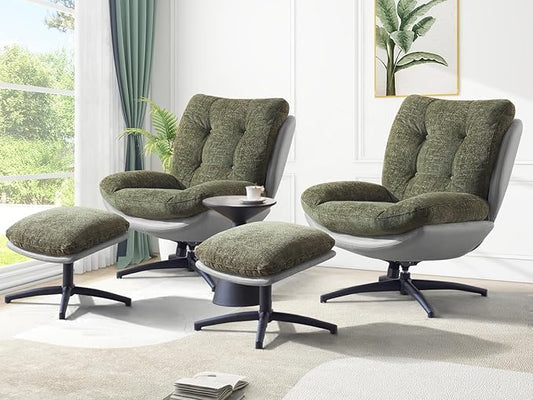 Chenille Rocking Swivel Accent Chair Set of 2 with Ottoman 360° Oversized Metal Base Swivel Rocker Accent Chair Reclining Lounge Chair Ergonomic Armchair for Living RoomBedroomOfficeGreen