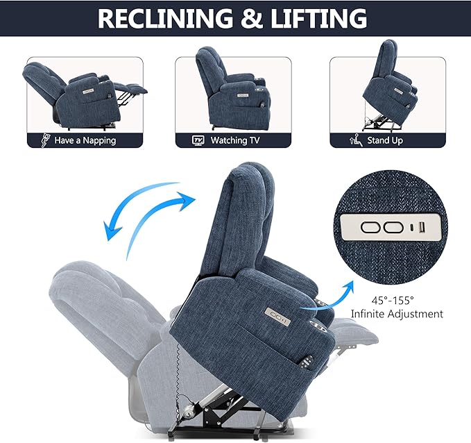 Power Lift Chair with Massage &amp Heat Electric Recliner Chairs for Adults Remote Control Living Room Sofa Standing Assistance USB Ports Stainless Steel Cup HoldersChenille Blue