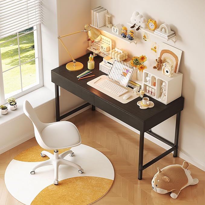 VERMESS Small Desk with Wood Drawers 40 Inch Computer Desk for Bedroom Vanity Makeup Desks Kids Desks for Small Space with Storage for Home Office Study Writing Simple Computer Table Black