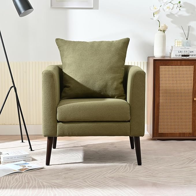 Barrel Chair Chenille Accent Chair Club ChairUpholstered Arm Chair with Solid Wood Legs Waist Pillow Padded Single Chair for Living Room/Bedroom/Study/Waiting Room