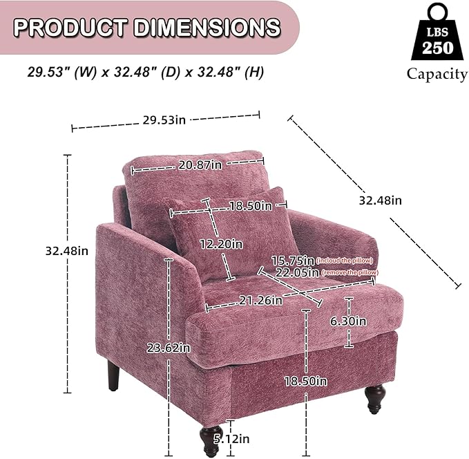 Chenille Sofas Couch for Living Room 29.5’’ Mid Century Modern Single Sofa Chair Small Cloud Couch with Deep Seats Comfy Accent Armchair for Living Room Apartment Bedroom Wine Red