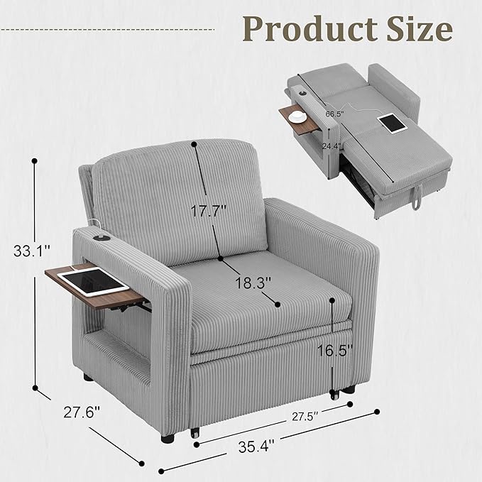 3 in 1 Folding Convertible Sleeper Sofa Bed Pull Out Couch with Side Pockets USB Port Side Table Single Sofa Bed with Adjustable Backrest for Living Room Bedroom 66 LIGHTGREY 1 SEAT