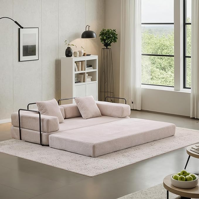 Convertible Couch Sofa Bed Foldable Floor Sleeper | Modern Fold Out Couch | Removable Backrest &amp Armrests | No Assembly Compression Sofa Sleeper for Living Room Bedroom | Corduroy Fabric Beige
