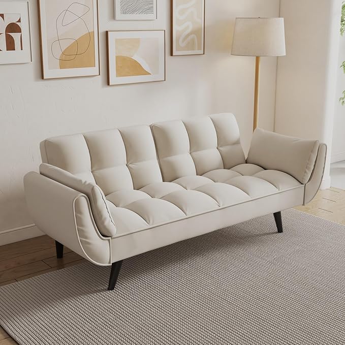 Velvet Futon Sofa Couch Bed with 2 Pillows Convertible Folding Futon Couch with Adjustable Backrest Love Seat Sleeper Sofa Bed for Small Spaces Living Room Office Apartment (Beige)