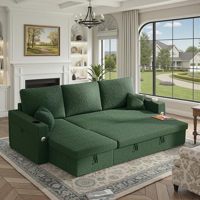 82 Inch L-Shape Sectional Couch 4-in-1 Multifunctional Pull-Out Couch Sleeper Sofa with Storage Chaise Charging Station Cup Holder for Living Room/Office/Apartment (Green)