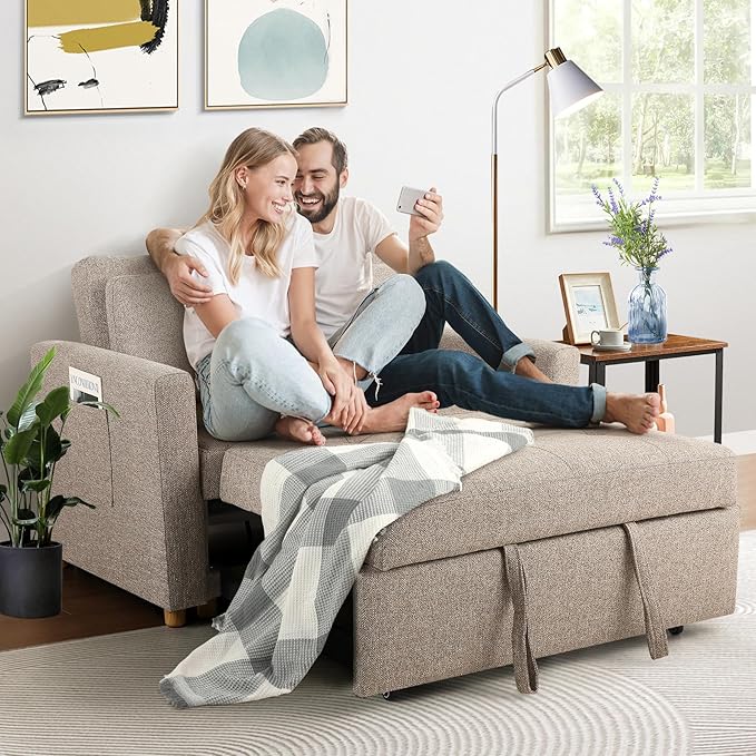 SEJOV 3-in-1 Convertible Sofa Bed Linen Fabric Sleeper Couch Pull Out Bed 49 2-Seater Loveseat Futon Sofa with Spring Support Adjustable Backrest and Pillows for Small Spaces Living Room