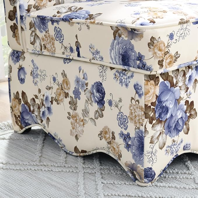 Polibi Retro Single Chair with Flower Pattern and Wave-Shape Edge Flannel Upholstered Armless Sofa Chair with Seat Cushion and Pillow for Living Room Bedroom Blue Flower