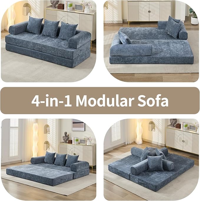 Convertible Sofa Bed 4-in-1 Floor Foldable Couch Bed with Armrests &amp Pillow Chenille Fabric No Assembly Required Comfy Memory Foam Couch Lounge Sofa for Living Room Light Blue