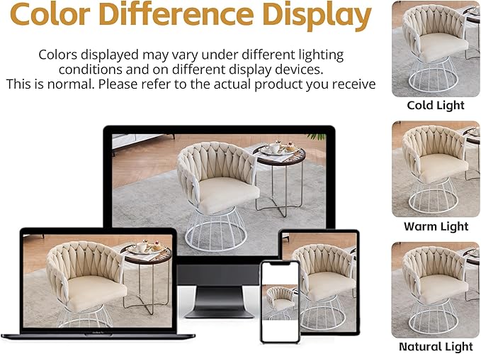 Mistpeople Swivel Weave Accent Chair Velour Upholstered Modern Chair with Woven Tufted Backrest for Living Room Bedroom Vanity Beige