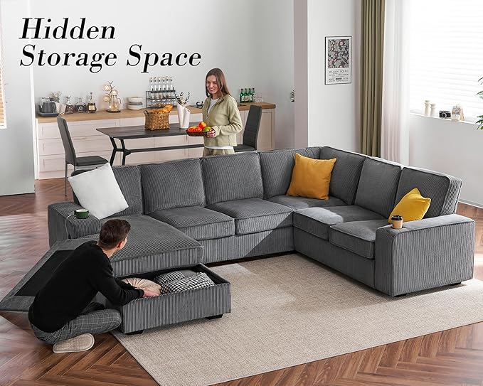 PaPaJet U Shaped Couch 112 Inch Oversized Couch with Storage Chaise Sectional Sofa with Cup Holders &amp 2 USB Ports Corduroy Grey Sofa