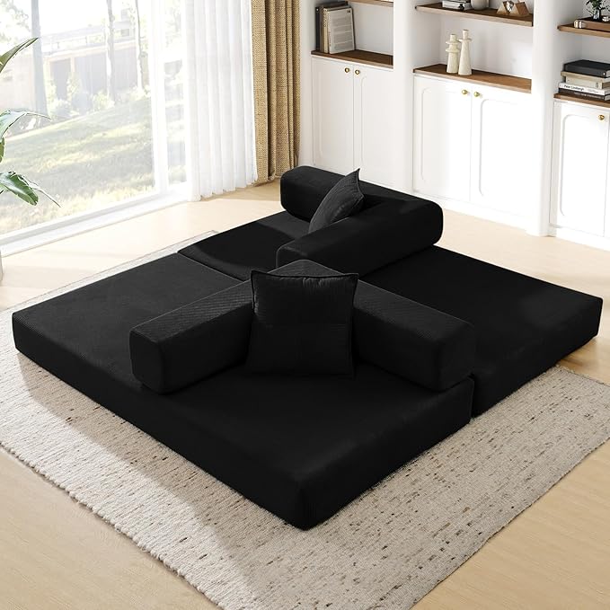 Convertible Folding Sofa Bed Corduroy Sleeper Mattress Couch with Fixed-Shape Frame Free Combination Loveseat Lounge Floor Sofa Queen Size Memory Foam Couch for Living Room Bedroom Carbon Black