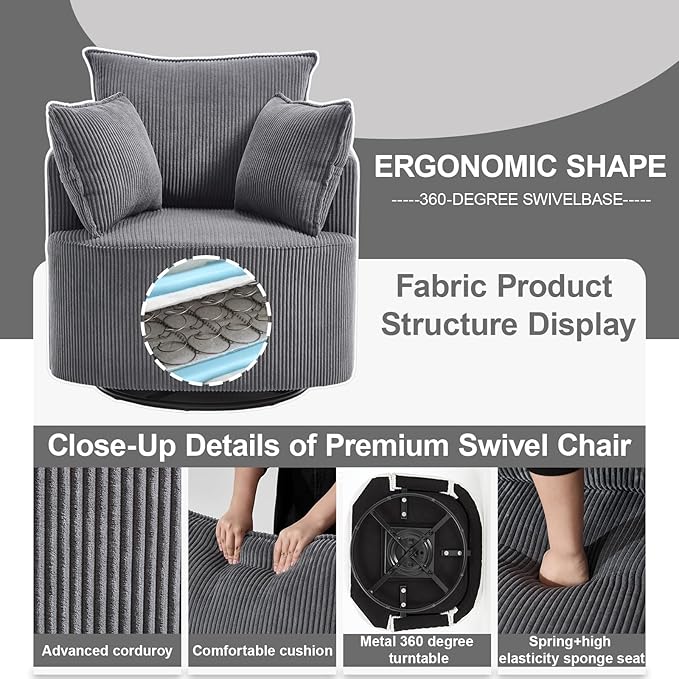 Swivel accent chairSwivel barrel chairReclining armchairs for bedrooms Swivel chairUpholstered Living Room Chair Corduroy Reading Chair Single Sofa Chair for Bedroom Apartment Office(Modern Grey)